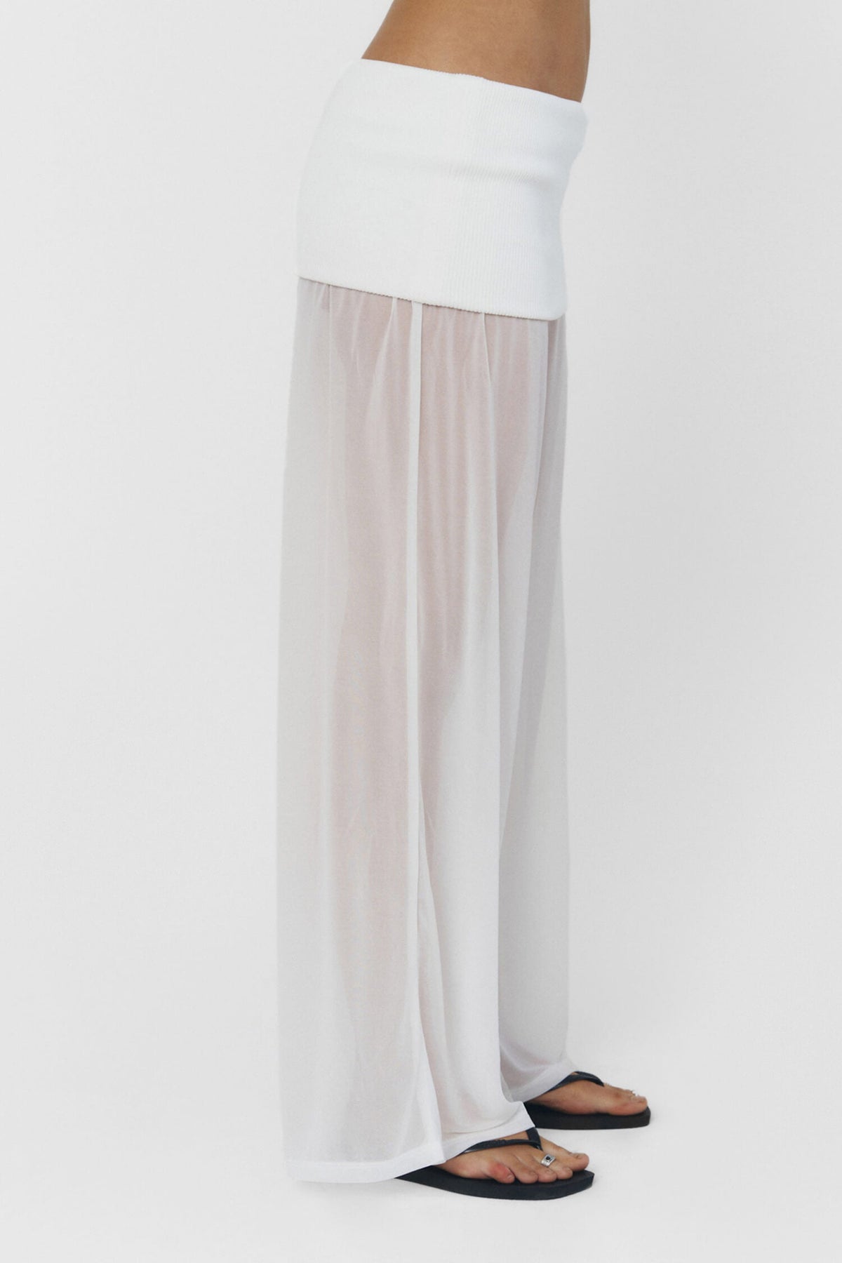 Women Wide Leg Sheer Pants Foldover Waistband White