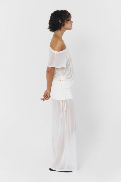 Women Wide Leg Sheer Pants Foldover Waistband White