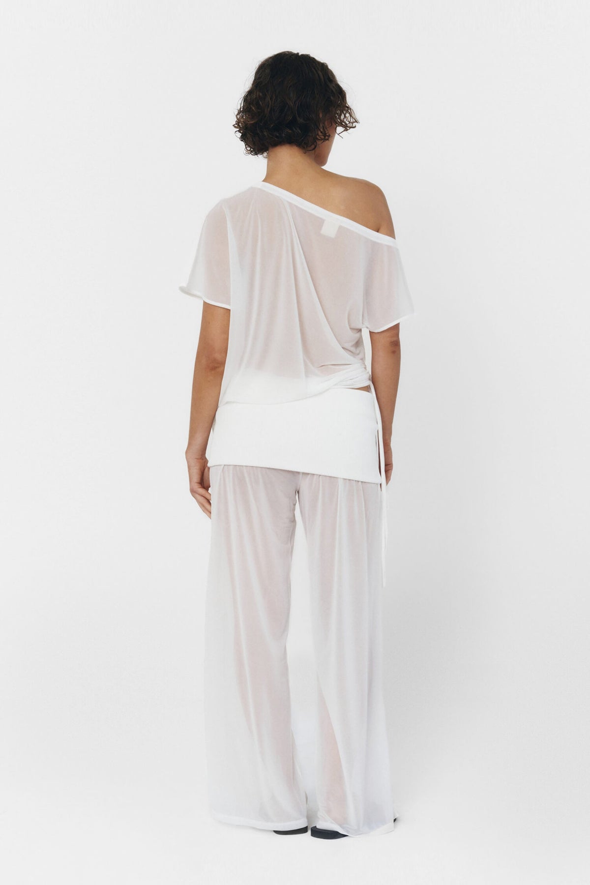 Women Wide Leg Sheer Pants Foldover Waistband White