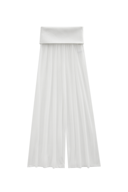 Women Wide Leg Sheer Pants Foldover Waistband White