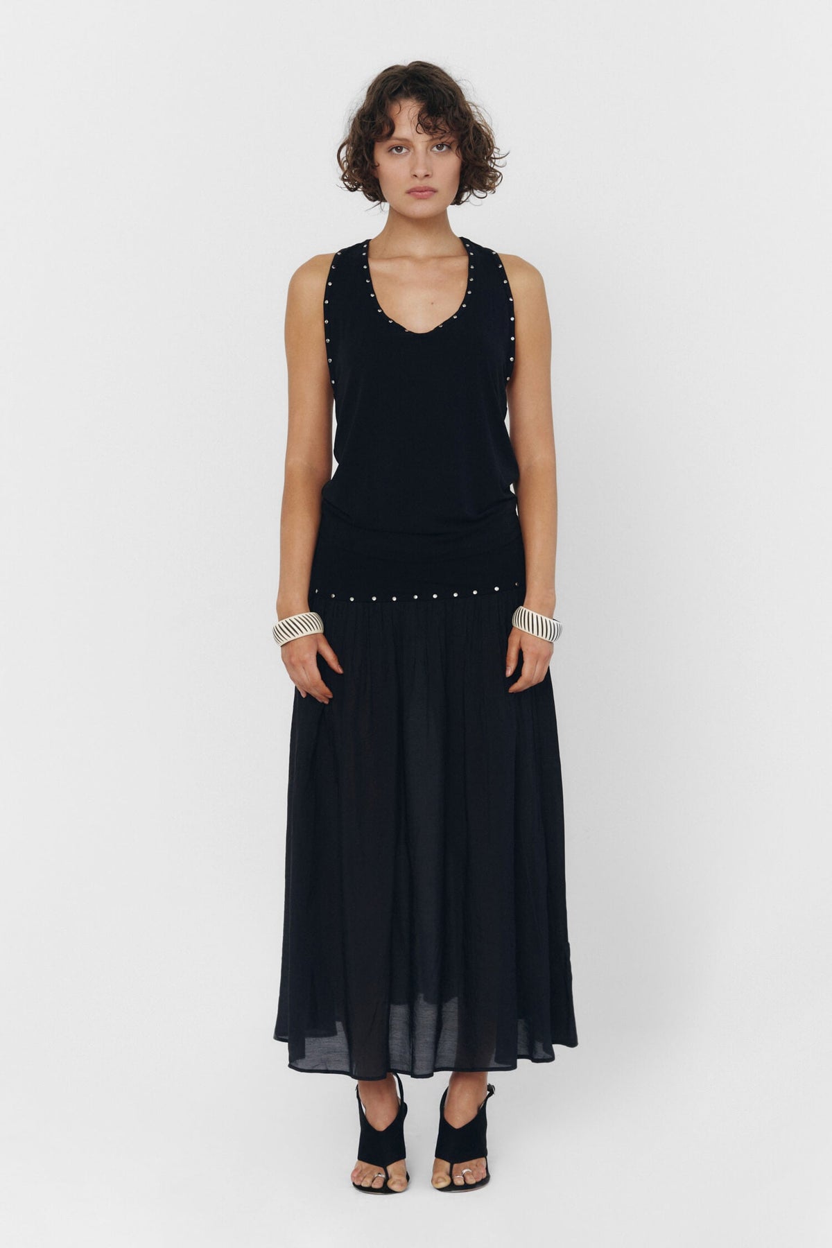Women Studded Low Neck Racerback Tank Top Black Slinky