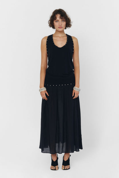 Women Studded Low Neck Racerback Tank Top Black Slinky
