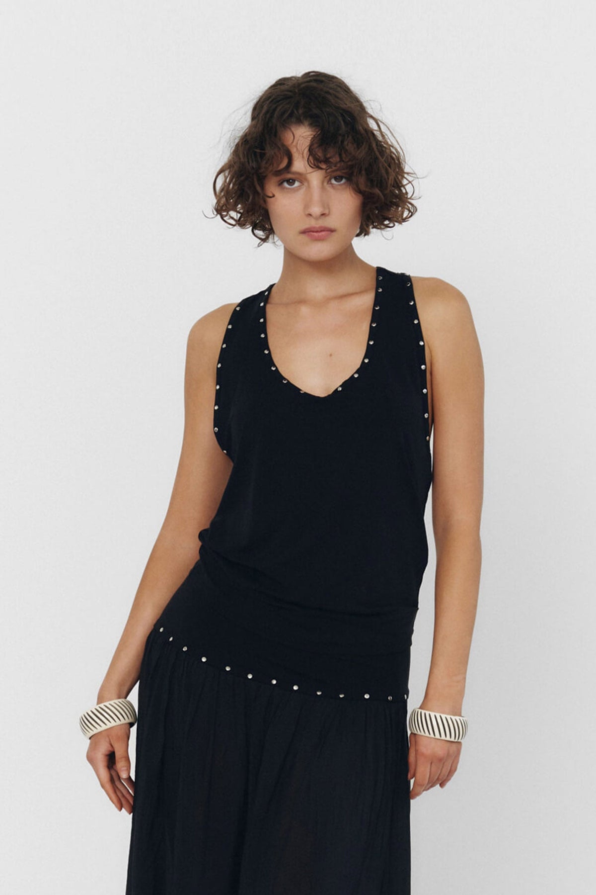 Women Studded Low Neck Racerback Tank Top Black Slinky