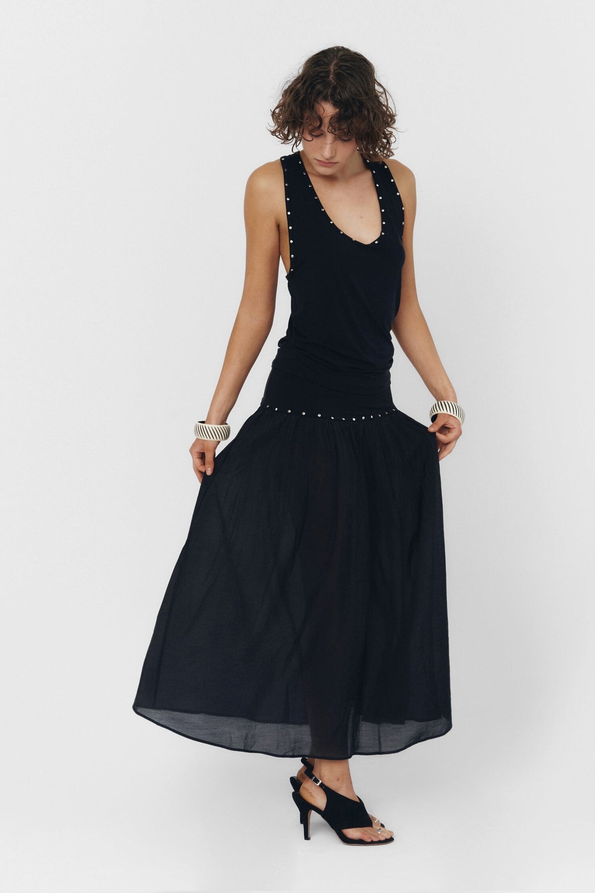 Women Studded Low Neck Racerback Tank Top Black Slinky