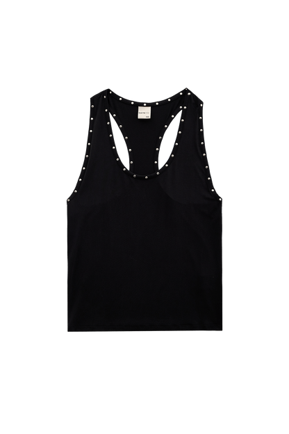 Women Studded Low Neck Racerback Tank Top Black Slinky