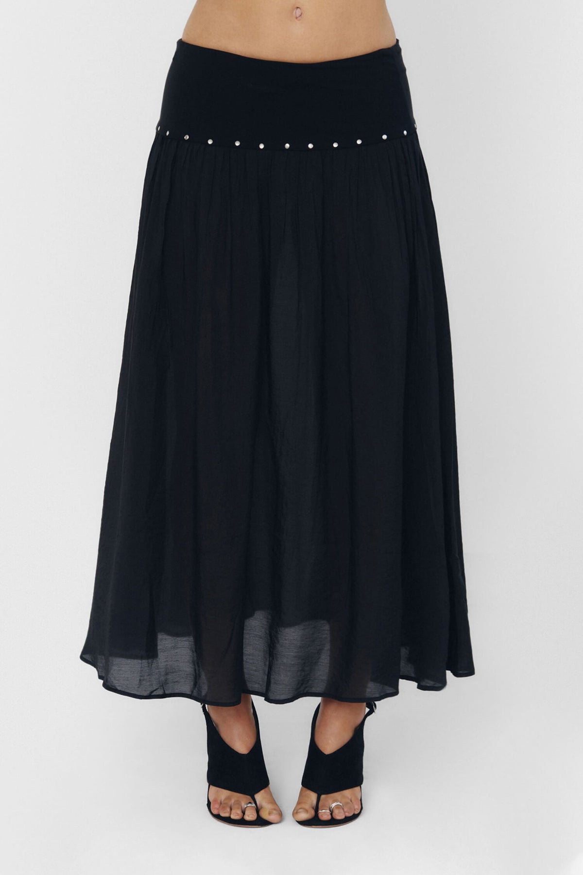 Women Pleated High Waist Sheer Midi Skirt Black Knit