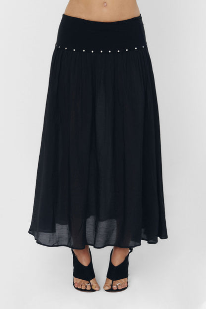 Women Pleated High Waist Sheer Midi Skirt Black Knit