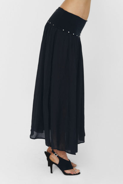 Women Pleated High Waist Sheer Midi Skirt Black Knit