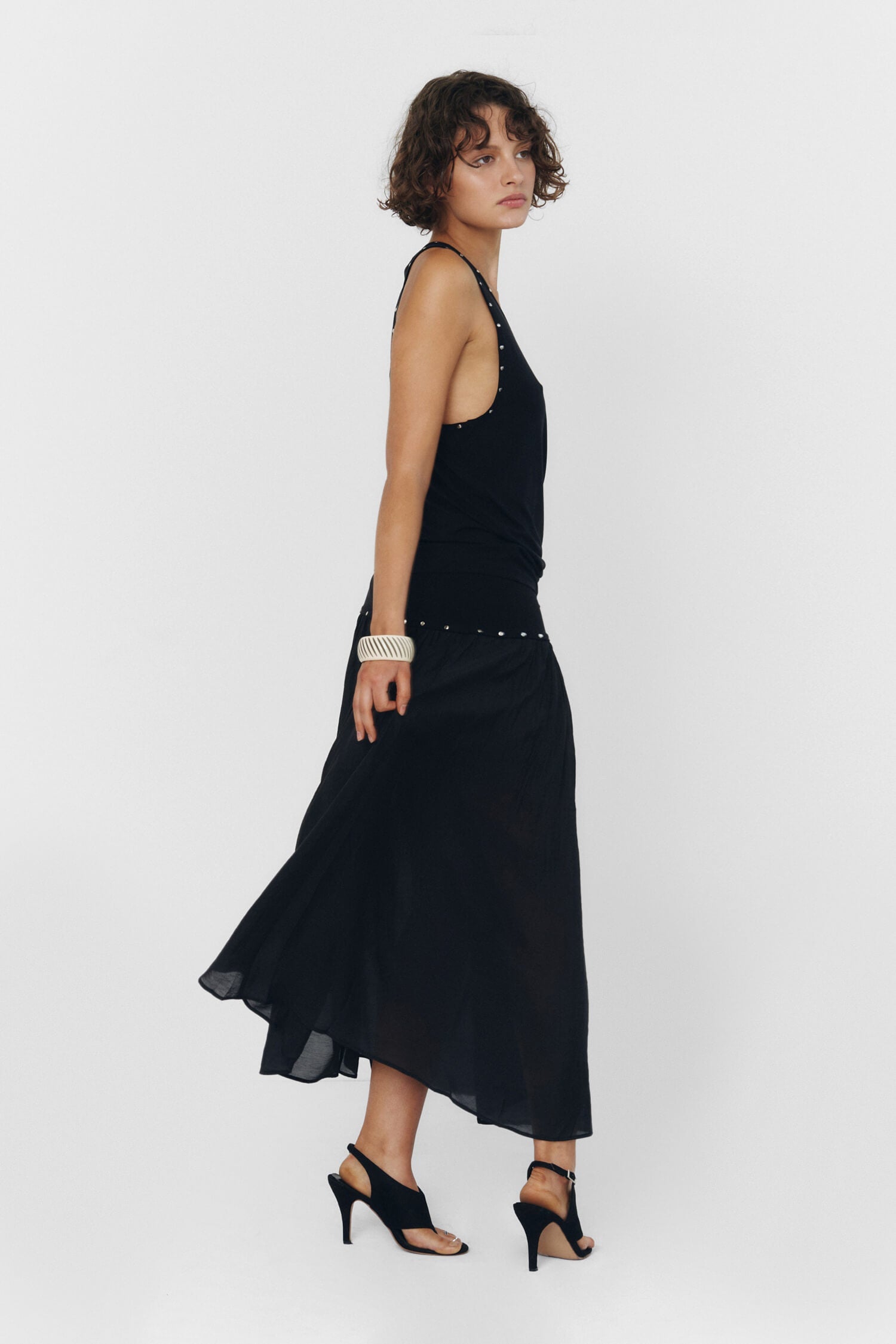 Women Pleated High Waist Sheer Midi Skirt Black Knit