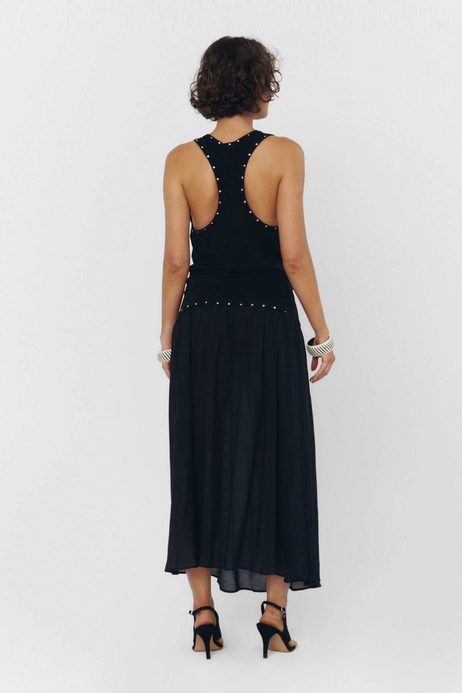 Women Pleated High Waist Sheer Midi Skirt Black Knit