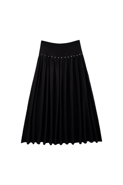 Women Pleated High Waist Sheer Midi Skirt Black Knit