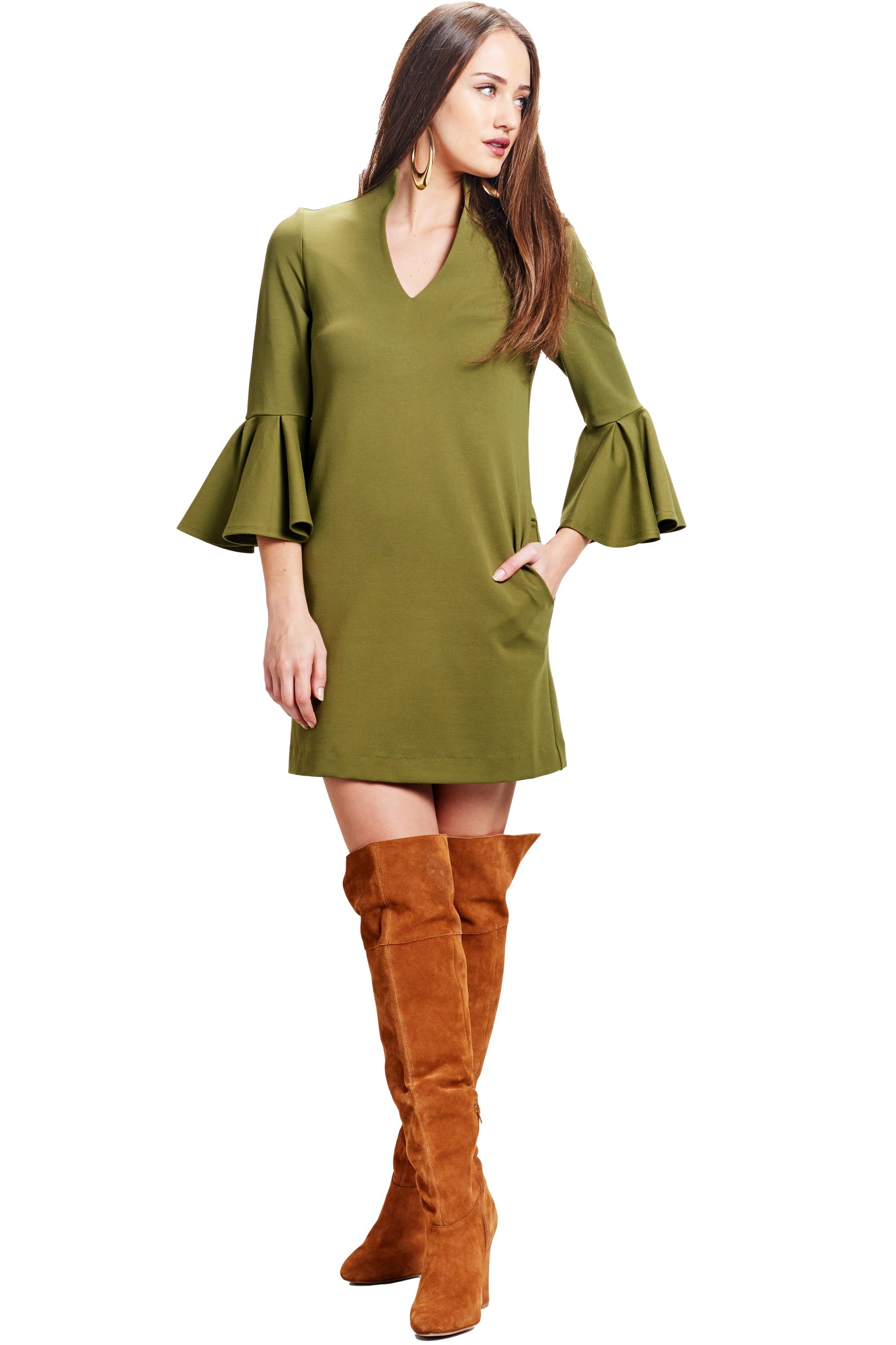Olive Bell Sleeve V-Neck A-Line Shift Dress with Pockets