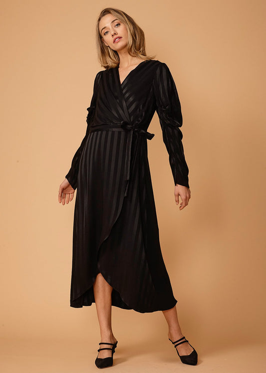 Black Stripe Puff Sleeve Wrap Waist Midi Dress for Women