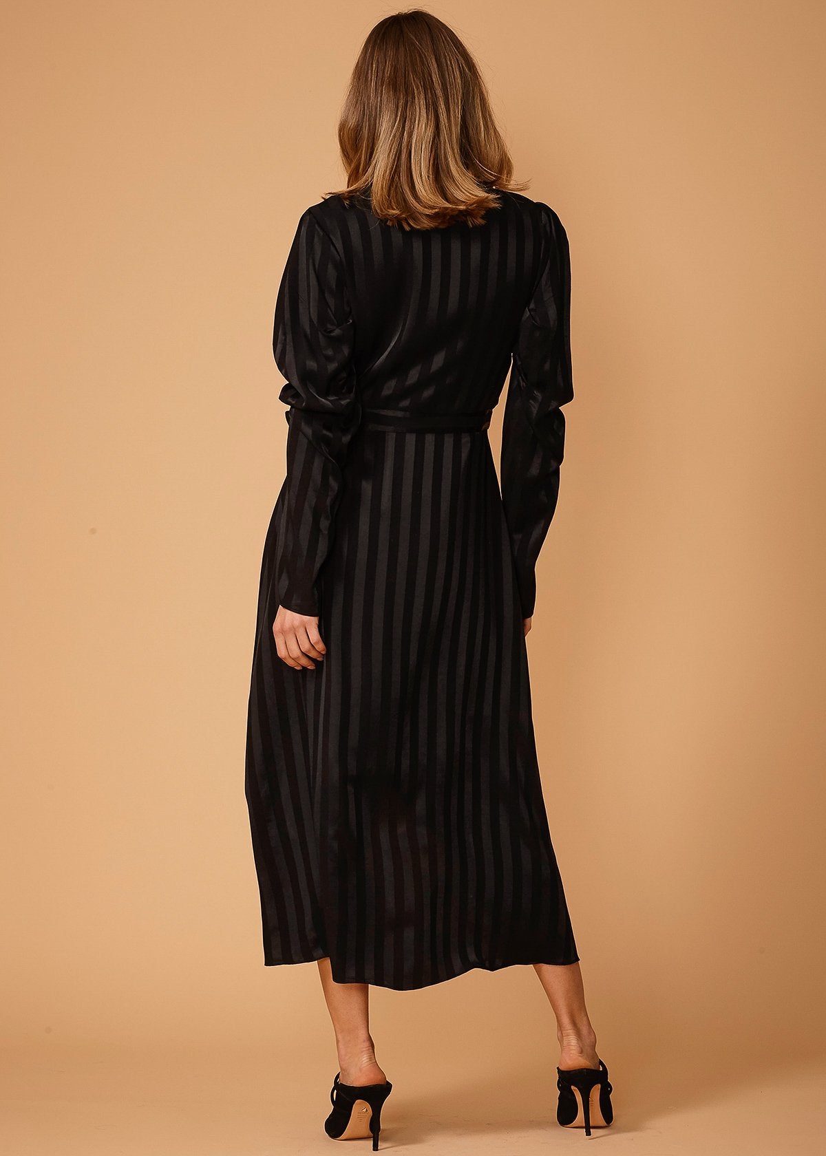 Black Stripe Puff Sleeve Wrap Waist Midi Dress for Women