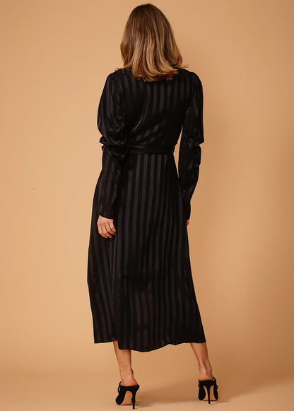Black Stripe Puff Sleeve Wrap Waist Midi Dress for Women