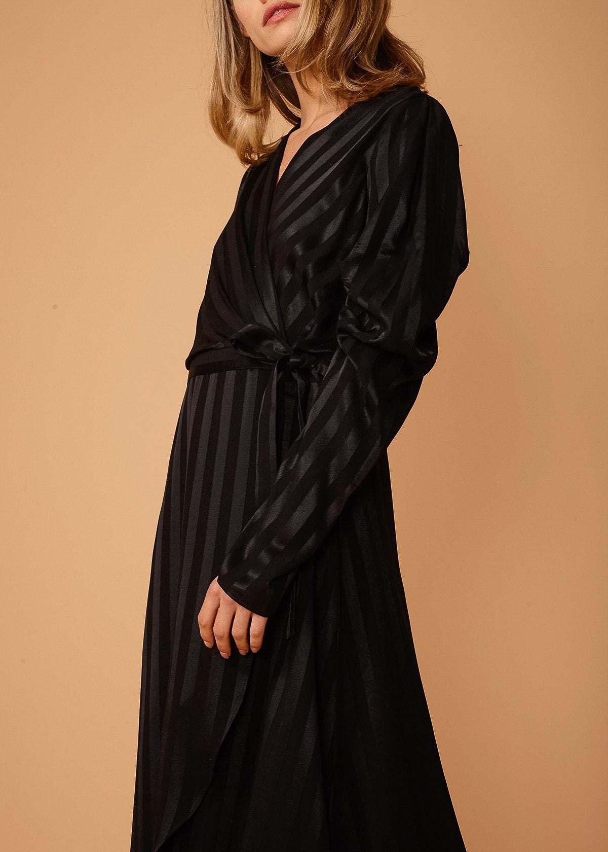 Black Stripe Puff Sleeve Wrap Waist Midi Dress for Women