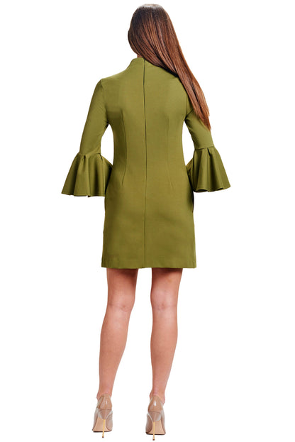 Olive Bell Sleeve V-Neck A-Line Shift Dress with Pockets
