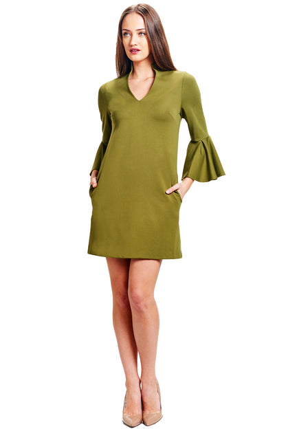 Olive Bell Sleeve V-Neck A-Line Shift Dress with Pockets