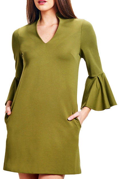 Olive Bell Sleeve V-Neck A-Line Shift Dress with Pockets