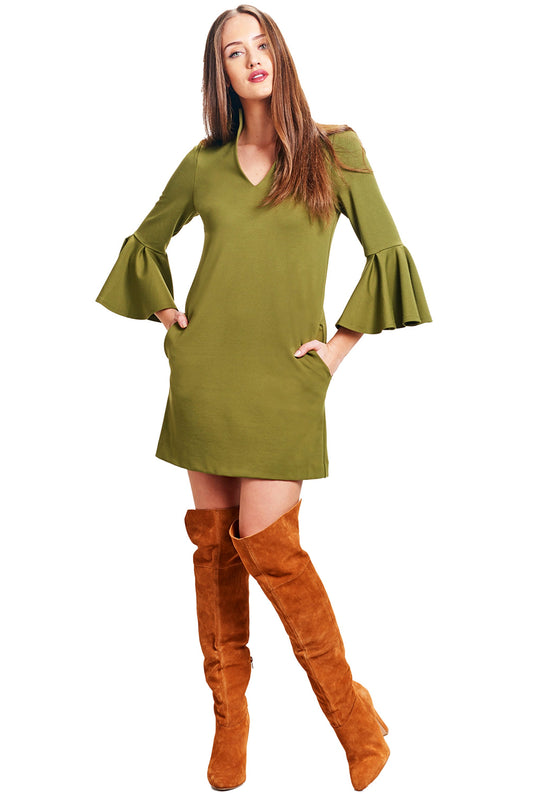 Olive Bell Sleeve V-Neck A-Line Shift Dress with Pockets