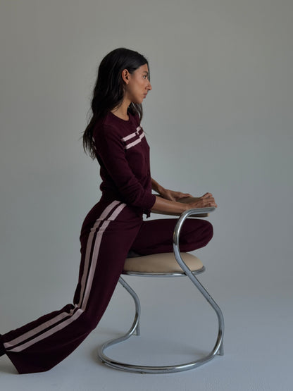 Women Cashmere Wool Stripe Wide Leg Pant Raspberry Knit