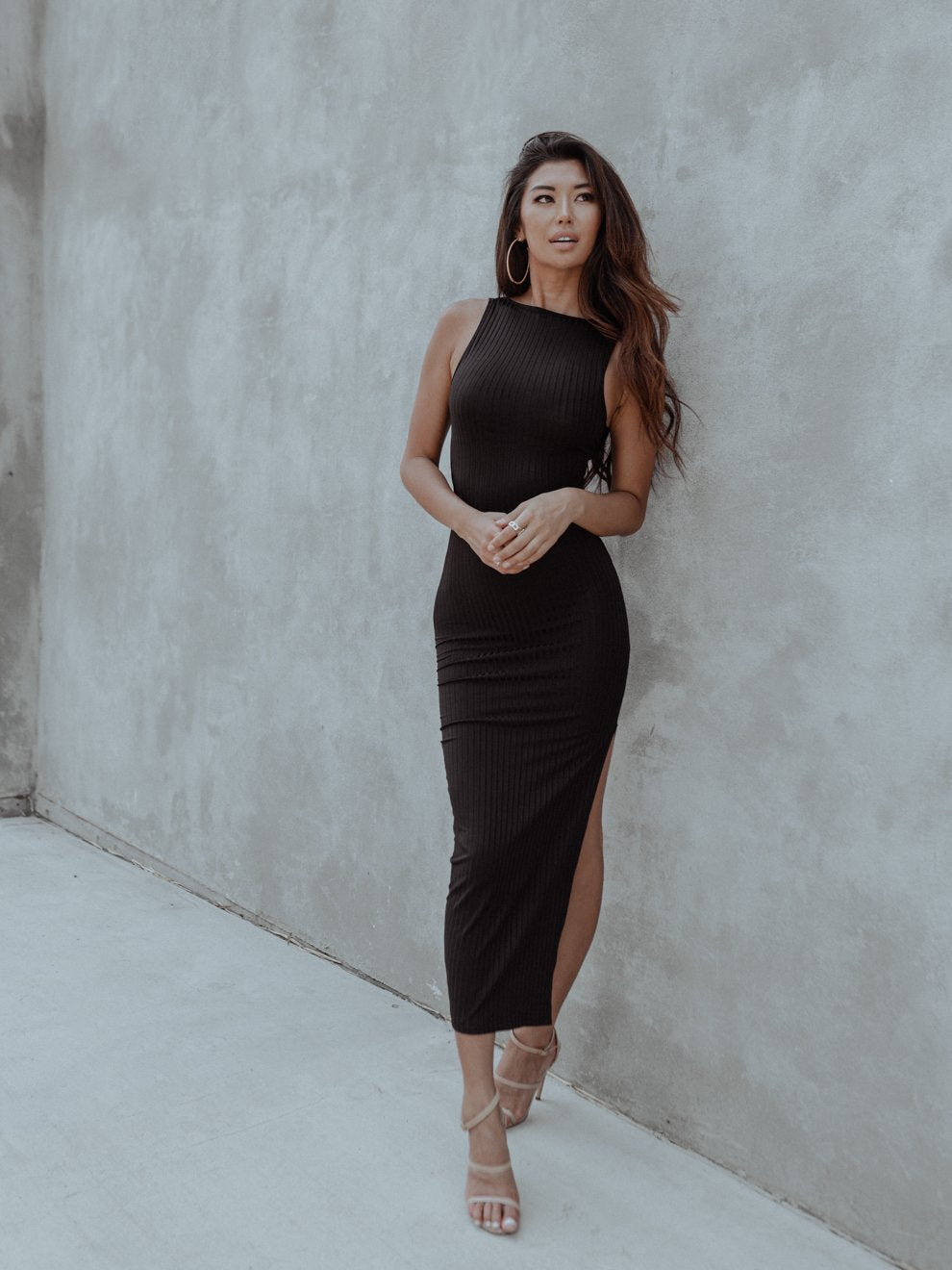 Women's Black Cut Out Ribbed Knit Midi Dress