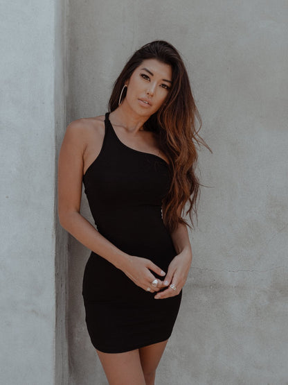 Black Asymmetrical Bodycon Mini Cocktail Dress Women Chic