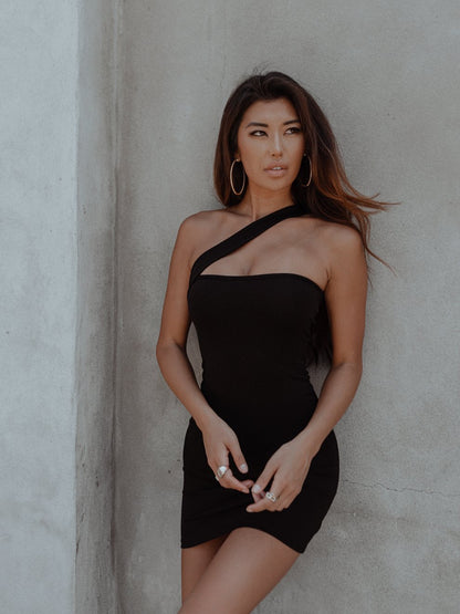 Black Asymmetrical Bodycon Mini Cocktail Dress Women Chic
