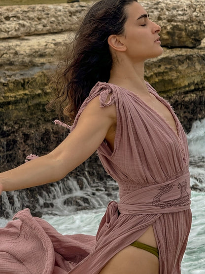 Organic Cotton Side Slit Maxi Dress Women Boho Elegant Wear