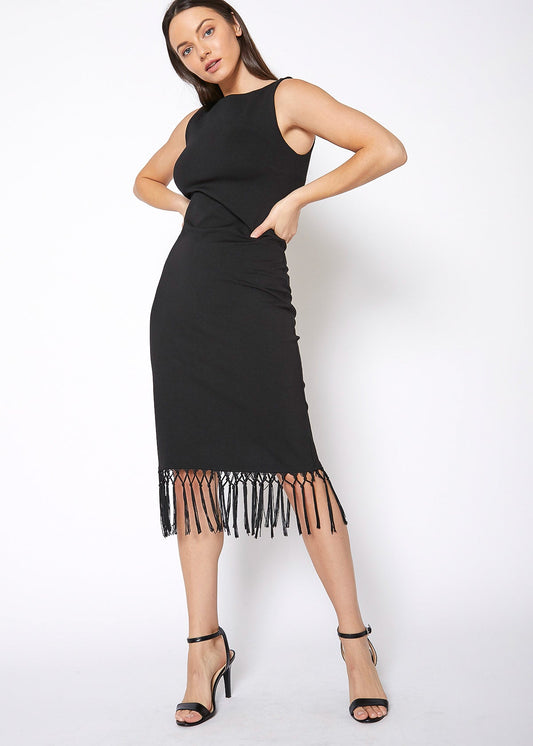 Black Tassel Hem Bodycon Midi Dress Women Cocktail Party