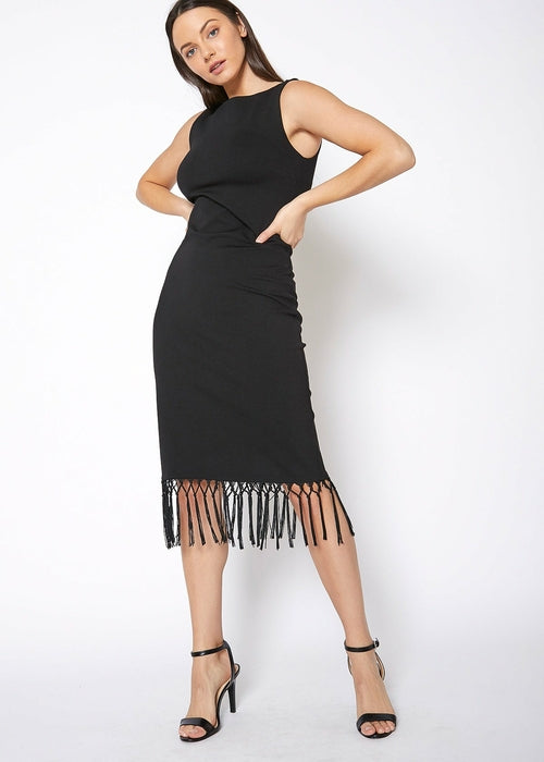 Black Tassel Hem Bodycon Midi Dress Women Cocktail Party