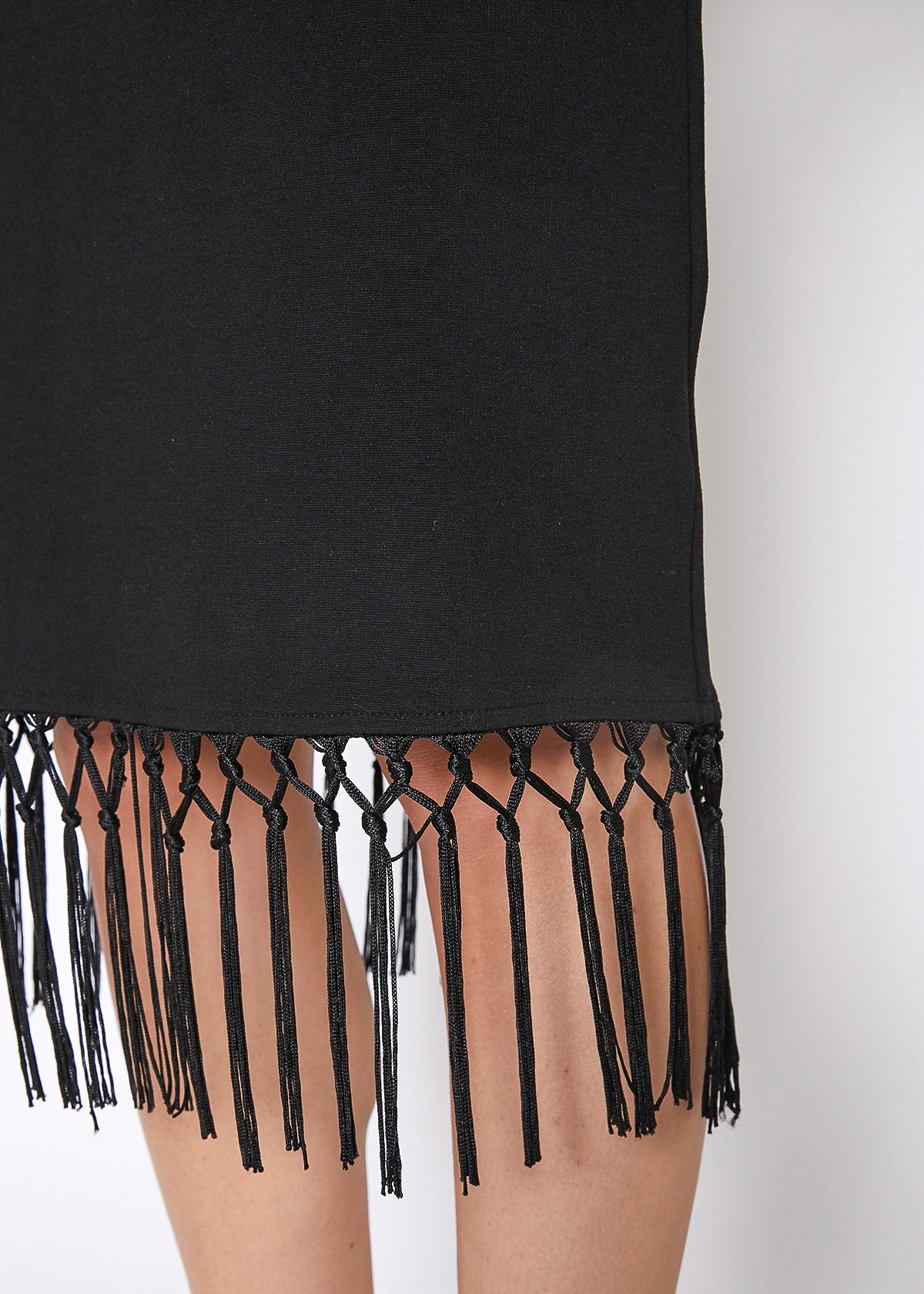 Black Tassel Hem Bodycon Midi Dress Women Cocktail Party