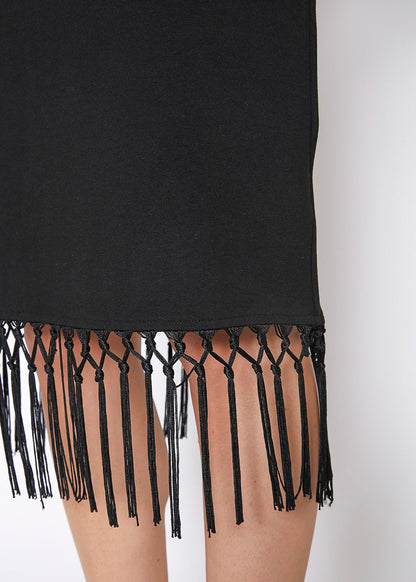 Black Tassel Hem Bodycon Midi Dress Women Cocktail Party