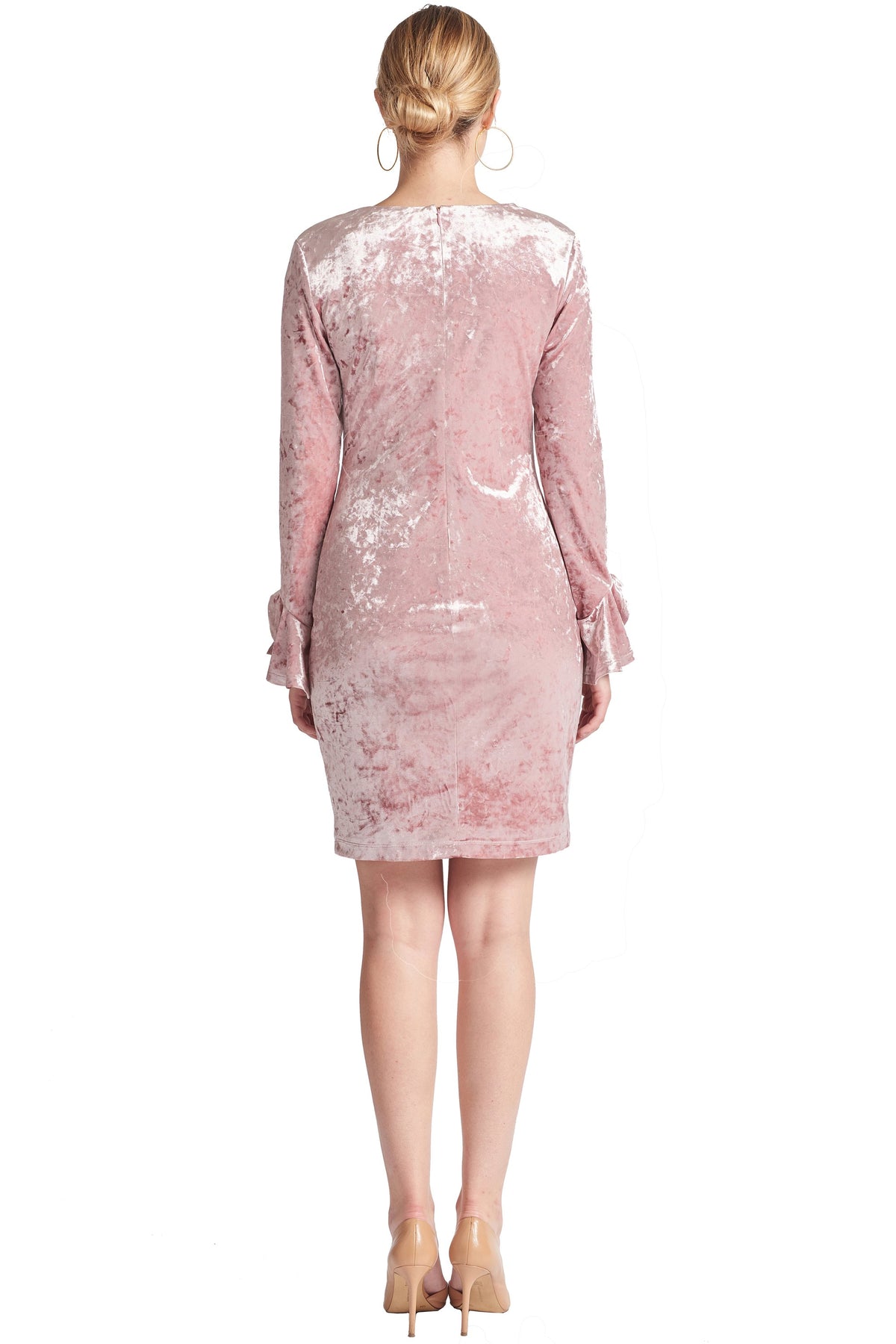 Pink Velvet V Neck Long Sleeve Dress Women Party Wear