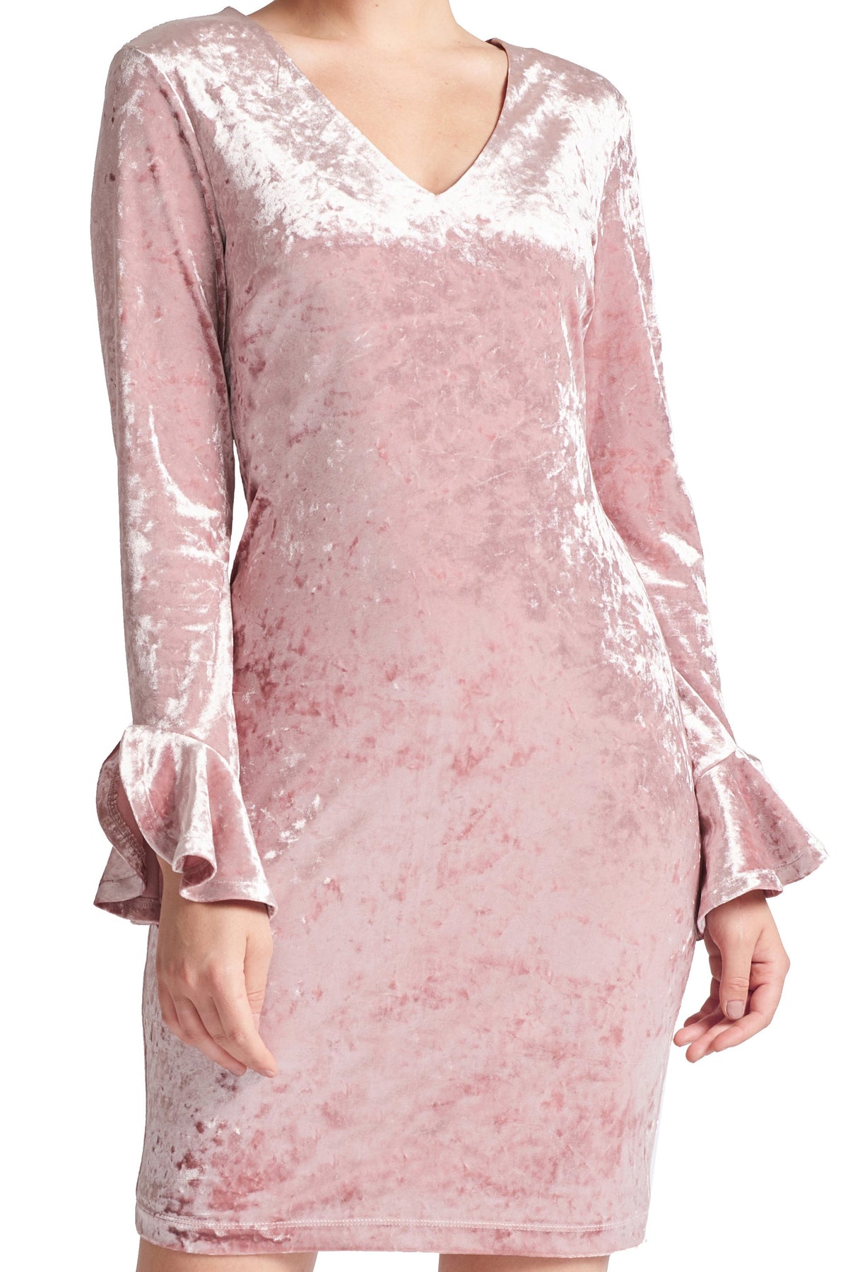 Pink Velvet V Neck Long Sleeve Dress Women Party Wear