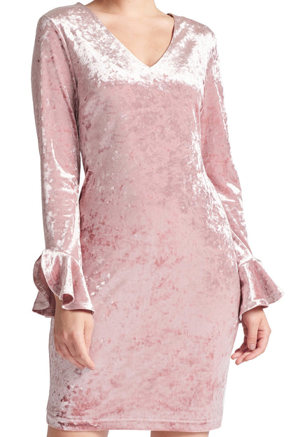 Pink Velvet V Neck Long Sleeve Dress Women Party Wear