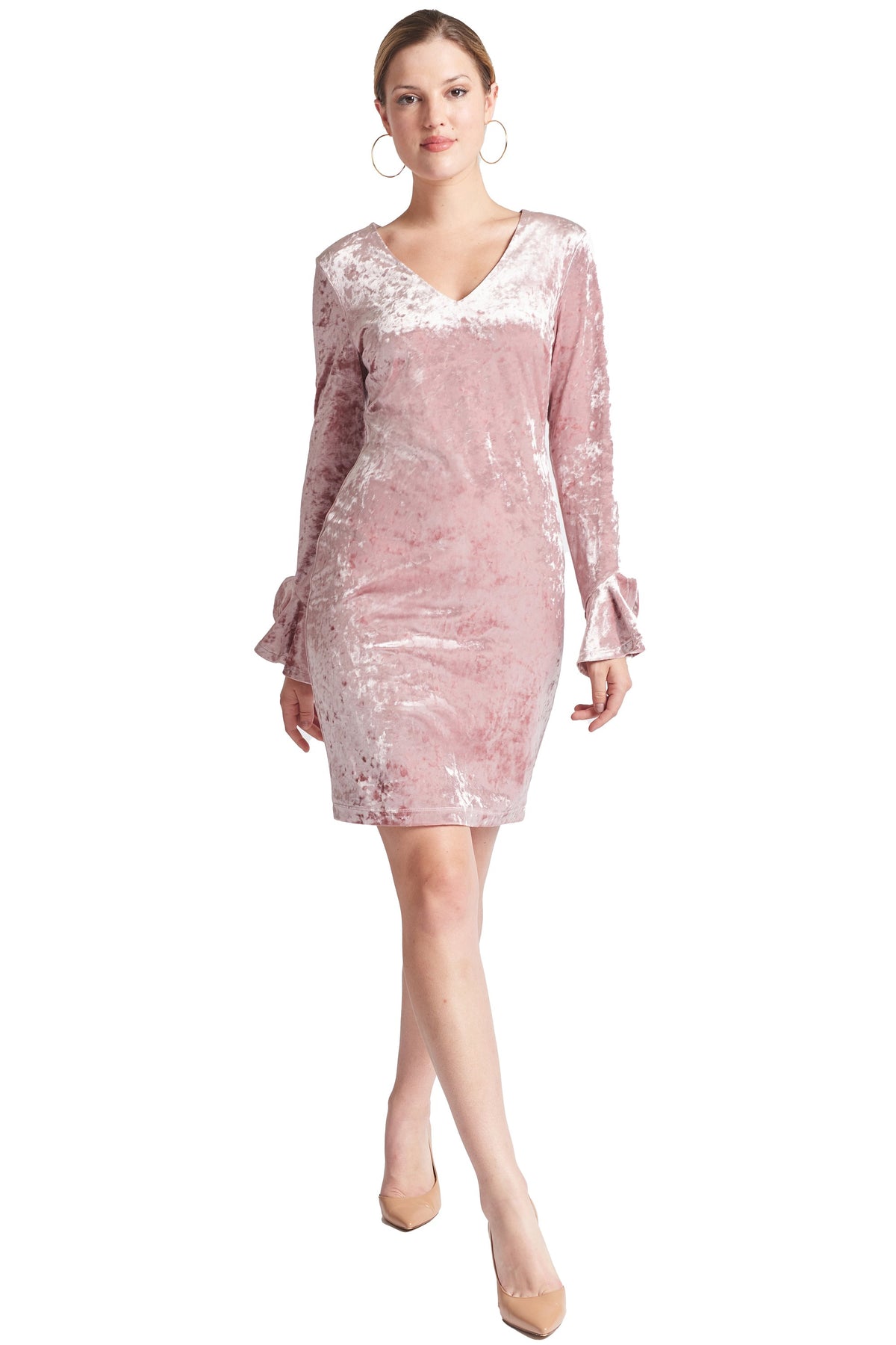 Pink Velvet V Neck Long Sleeve Dress Women Party Wear