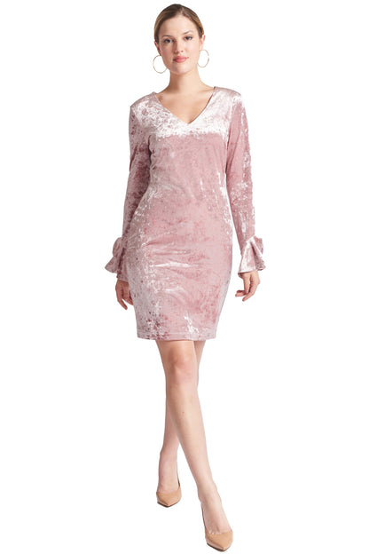 Pink Velvet V Neck Long Sleeve Dress Women Party Wear