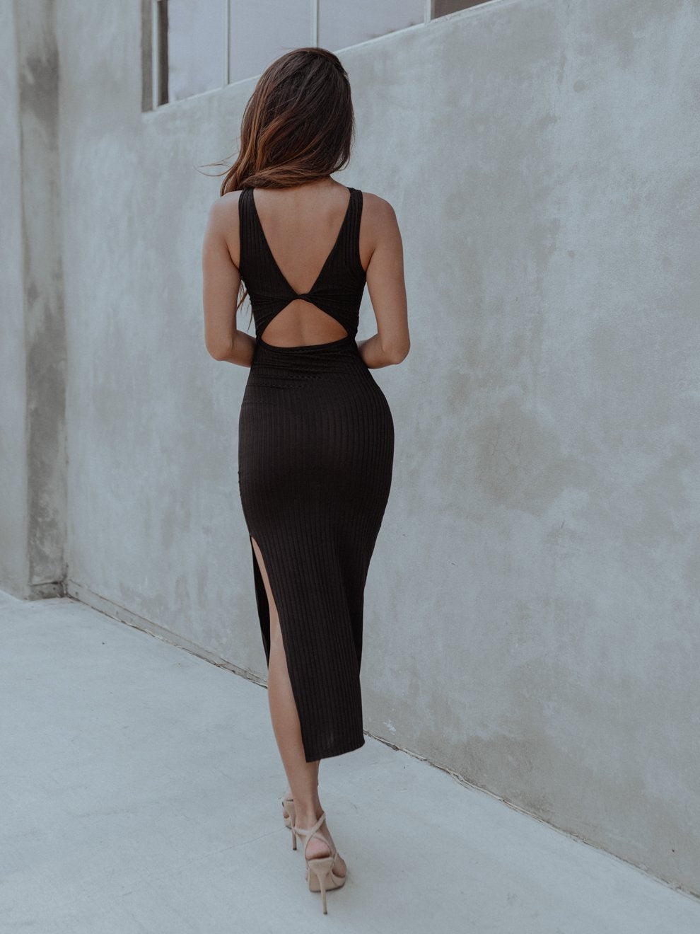 Women's Black Cut Out Ribbed Knit Midi Dress