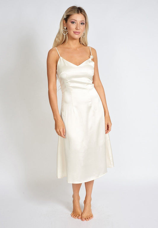 Pearl Satin Slip Midi Dress Women Elegant Summer Party Wear