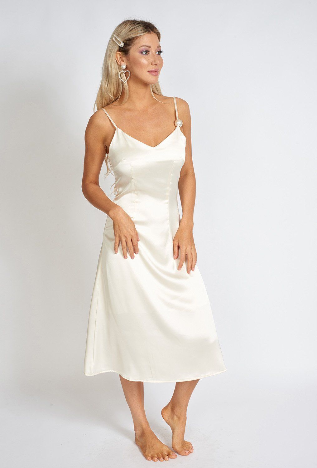 Pearl Satin Slip Midi Dress Women Elegant Summer Party Wear