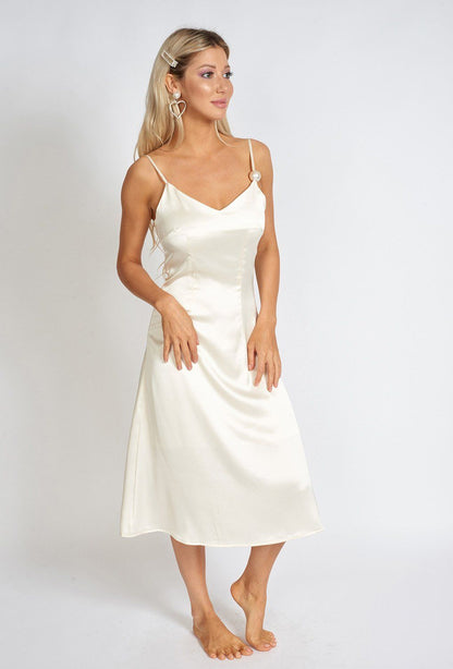 Pearl Satin Slip Midi Dress Women Elegant Summer Party Wear