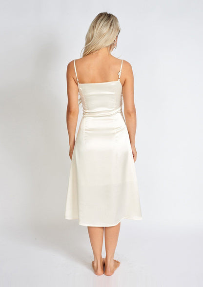 Pearl Satin Slip Midi Dress Women Elegant Summer Party Wear