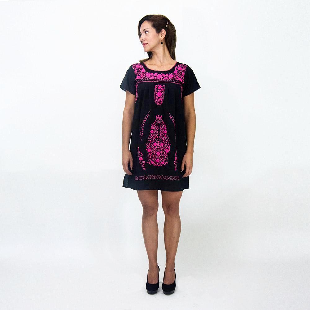 Handmade Black Embroidered Cotton Boho Dress for Women