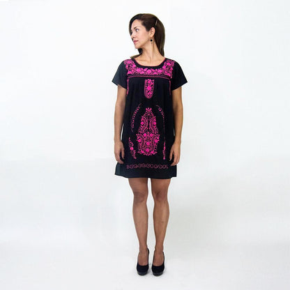 Handmade Black Embroidered Cotton Boho Dress for Women
