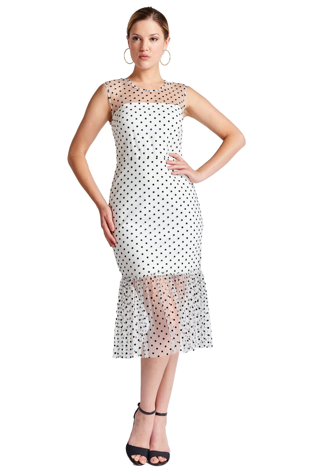 Muse Sleeveless Polka Dot Mesh Midi Dress for Women Elegant