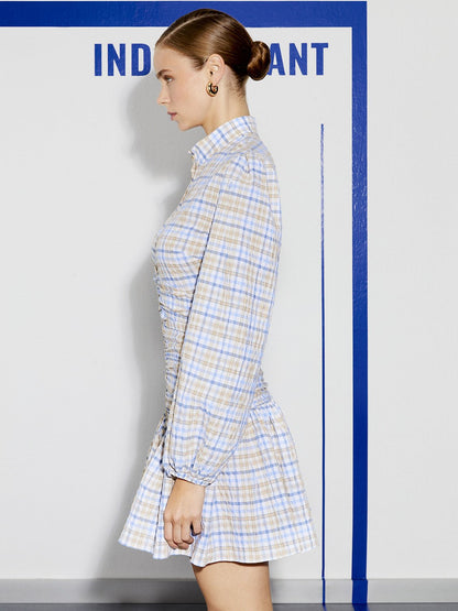 High Collar Draped Mini Dress with Flounced Hem for Women
