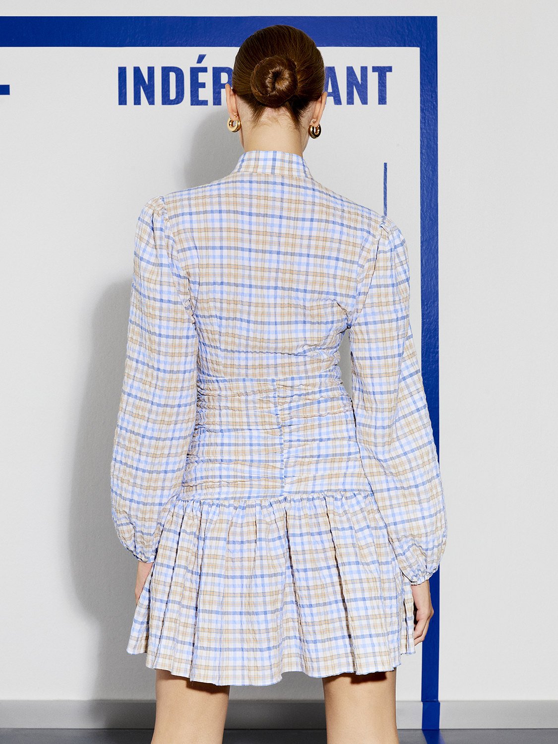 High Collar Draped Mini Dress with Flounced Hem for Women