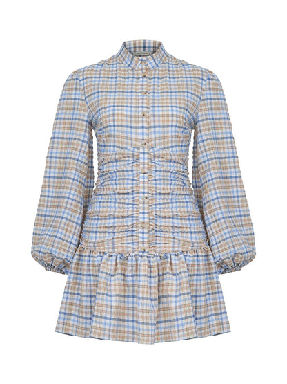 High Collar Draped Mini Dress with Flounced Hem for Women