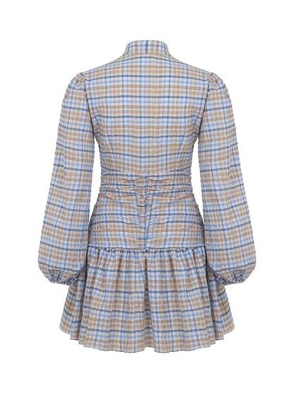 High Collar Draped Mini Dress with Flounced Hem for Women